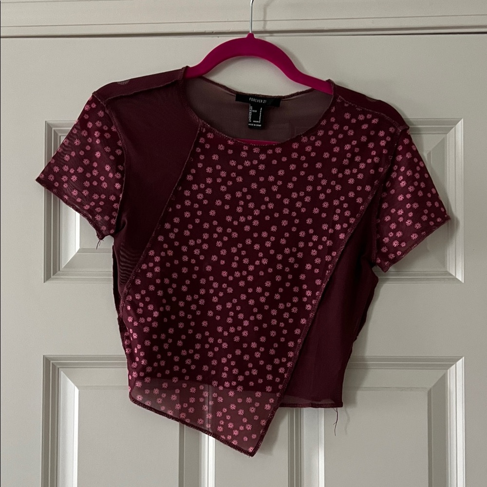 Forever 21 Maroon Sheer Floral Crop Top